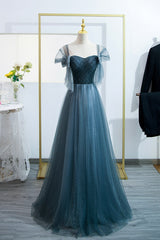 Formal Dresses Lace, Blue Tulle Long A-Line Prom Dress, Simple Sweetheart Neckline Evening Party Dress