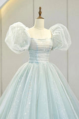 Evening Dress Fitted, Blue Tulle Long A-Line Prom Dress with Sequins, Lovely Puff Sleeve Evening Gown