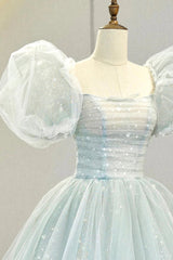 Evening Dresses Fitted, Blue Tulle Long A-Line Prom Dress with Sequins, Lovely Puff Sleeve Evening Gown