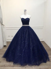 Formal Dresses With Tulle, Blue Tulle Long Evening Gown Party Dress, Navy Blue Sweet 16 Gown