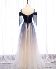 Evening Dress Short, Blue Tulle Long Prom Dress Blue Tulle Formal Dress with Beading Velvet