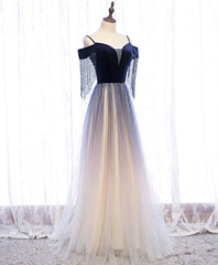 Evening Dresses Open Back, Blue Tulle Long Prom Dress Blue Tulle Formal Dress with Beading Velvet