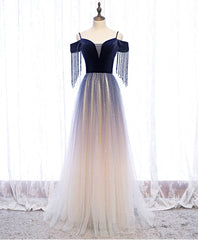 Evening Dress Lace, Blue Tulle Long Prom Dress Blue Tulle Formal Dress with Beading Velvet