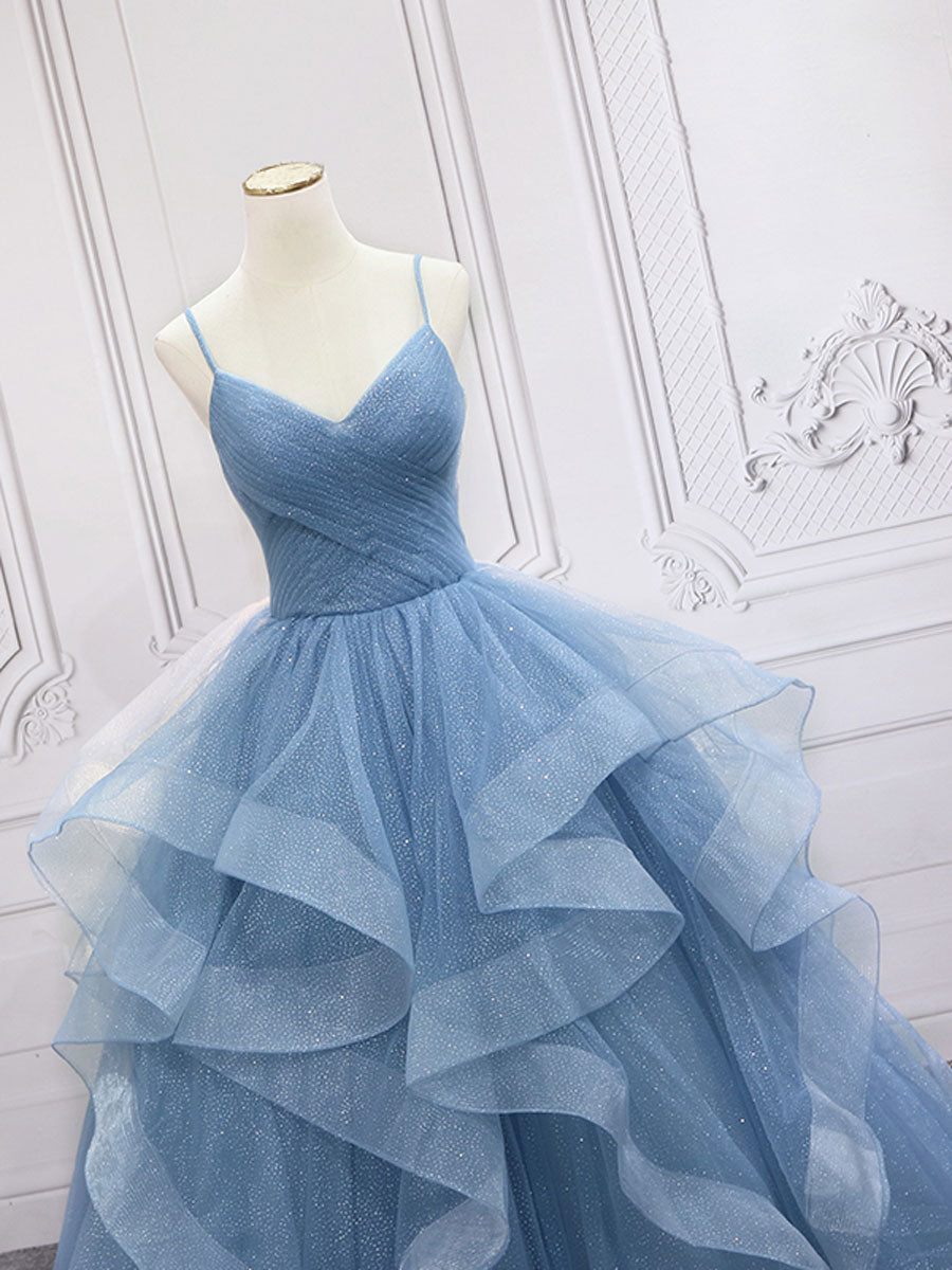 Rustic Wedding, Blue Tulle Long Prom Dresses, Blue Tulle Formal Dresses Sweet 16 Dress