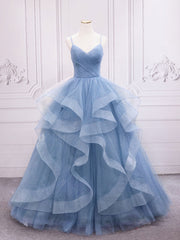 Pink Bridesmaid Dress, Blue Tulle Long Prom Dresses, Blue Tulle Formal Dresses Sweet 16 Dress