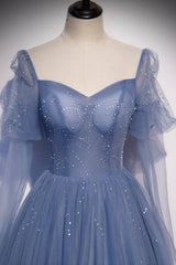 Prom Dress Chiffon, Blue Tulle Long Sleeve Prom Dress, A-Line Blue Evening Party Dress