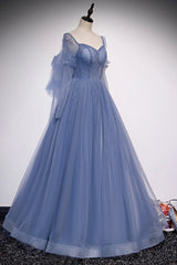Prom Dress And Boots, Blue Tulle Long Sleeve Prom Dress, A-Line Blue Evening Party Dress