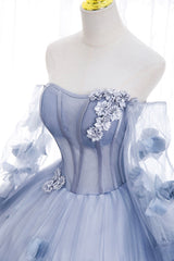 Party Dresses 2025, Blue Tulle Long Sleeves Formal Dress with Flowers, Blue A-Line Prom Dress