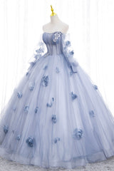 Party Dress 2025, Blue Tulle Long Sleeves Formal Dress with Flowers, Blue A-Line Prom Dress