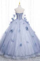 Party Dresses 2023, Blue Tulle Long Sleeves Formal Dress with Flowers, Blue A-Line Prom Dress