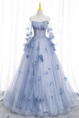 Party Dress Online, Blue Tulle Long Sleeves Formal Dress with Flowers, Blue A-Line Prom Dress