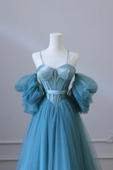 Homecoming Dress Floral, Blue Tulle Long Spaghetti Strap Prom Dress and Corset, Detachable off Shoulder Party Dress
