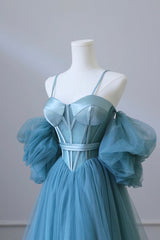 Homecomming Dresses Floral, Blue Tulle Long Spaghetti Strap Prom Dress and Corset, Detachable off Shoulder Party Dress