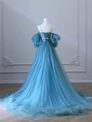Homecoming Dresses Floral, Blue Tulle Long Spaghetti Strap Prom Dress and Corset, Detachable off Shoulder Party Dress