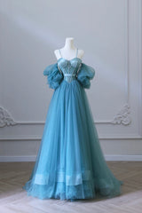 Homecomming Dresses With Sleeves, Blue Tulle Long Spaghetti Strap Prom Dress and Corset, Detachable off Shoulder Party Dress