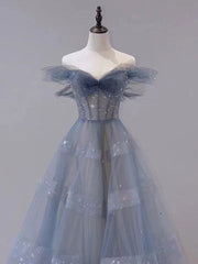 Party Dress Pinterest, Blue Tulle Off Shoulder Long Prom dress, Blue A line Evening Dress