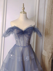 Party Dresses Prom, Blue Tulle Off Shoulder Long Prom dress, Blue A line Evening Dress