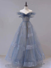 Party Dress Brands Usa, Blue Tulle Off Shoulder Long Prom dress, Blue A line Evening Dress