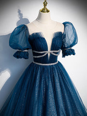 Party Dresses Teens, Blue Tulle Off Shoulder Long Prom Dress, Blue Tulle Formal Dress