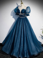 Party Dresses Teen, Blue Tulle Off Shoulder Long Prom Dress, Blue Tulle Formal Dress