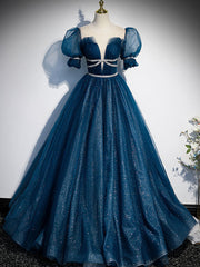Party Dresses Designs, Blue Tulle Off Shoulder Long Prom Dress, Blue Tulle Formal Dress