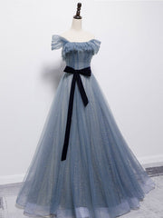 Formal Dresses Ideas, Blue Tulle Off Shoulder Sequin Long Prom Dress Blue Evening Dress