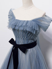 Formal Dress Trends, Blue Tulle Off Shoulder Sequin Long Prom Dress Blue Evening Dress