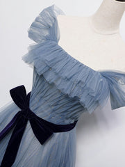 Formal Dresses Short, Blue Tulle Off Shoulder Sequin Long Prom Dress Blue Evening Dress