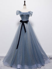 Formal Dress Online, Blue Tulle Off Shoulder Sequin Long Prom Dress Blue Evening Dress