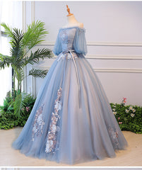 Evening Dresses, Blue Tulle Off Shoulder with Lace Floral Long Party Dress, Cute Party Dress Prom Dress