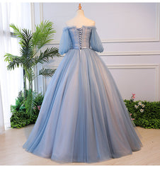 Mafia Dress, Blue Tulle Off Shoulder with Lace Floral Long Party Dress, Cute Party Dress Prom Dress