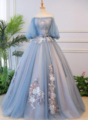 Evening Dress Maxi Long Sleeve, Blue Tulle Off Shoulder with Lace Floral Long Party Dress, Cute Party Dress Prom Dress