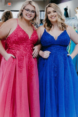 Blue Tulle Plus Size Long Prom Dress with Appliques