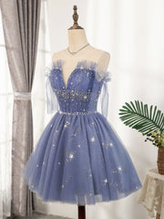 Party Dress For Baby, Blue Tulle Sequin Short Prom Dress, Puffy Blue Homecoming Dress