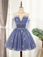 Black Dress Classy, Blue Tulle Sequin Short Prom Dress, Puffy Blue Homecoming Dress