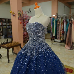 Bridesmaids Dresses Strapless, Blue Tulle Sequins Long Ball Gown Formal Dress, Sparkle Blue Quinceanera Dress