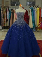 Bridesmaid Dress Peach, Blue Tulle Sequins Long Ball Gown Formal Dress, Sparkle Blue Quinceanera Dress