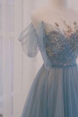 Simple Dress, Blue Tulle Sequins Long Prom Dress, A-Line Scoop Neckline Party Dress