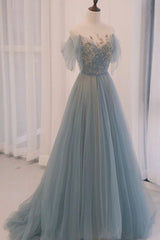 Spring Dress, Blue Tulle Sequins Long Prom Dress, A-Line Scoop Neckline Party Dress
