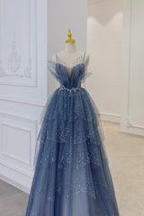 Prom Dresse Long, Blue Tulle Sequins Long Prom Gown, Blue Spaghetti Straps Formal Evening Dress