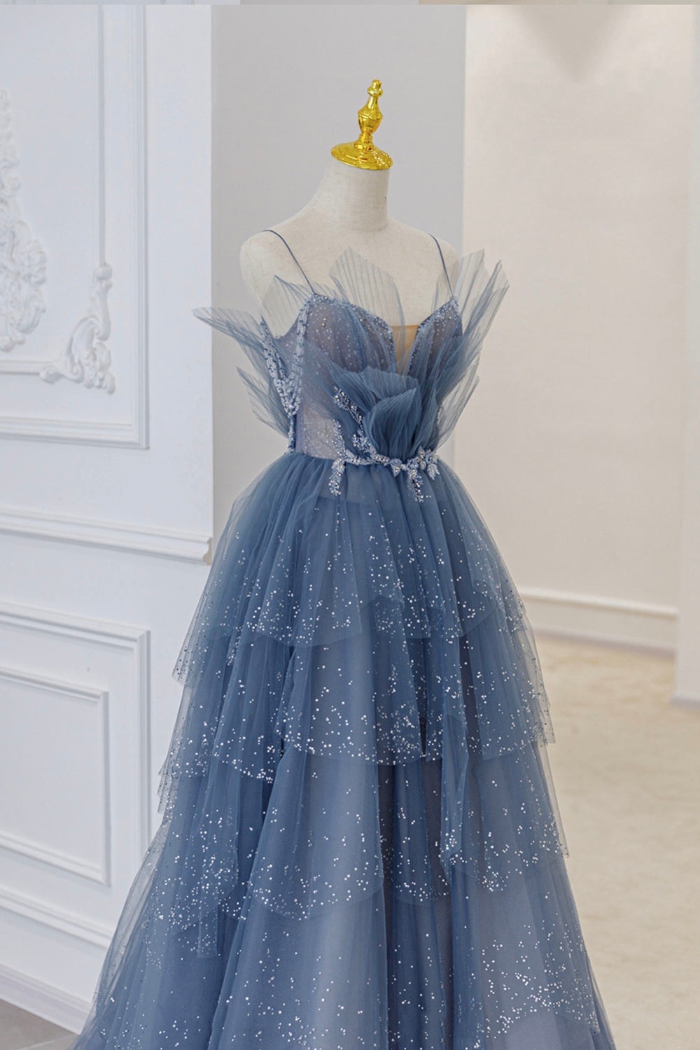 Prom Dressed Long, Blue Tulle Sequins Long Prom Gown, Blue Spaghetti Straps Formal Evening Dress