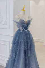 Prom Dressed Long, Blue Tulle Sequins Long Prom Gown, Blue Spaghetti Straps Formal Evening Dress