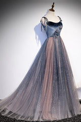 Prom Dress Long, Blue Tulle Spaghetti Strap Long Prom Dress, A-Line Lace-Up Evening Dress