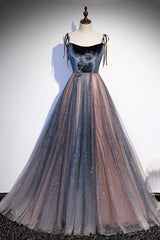 Elegant Prom Dress, Blue Tulle Spaghetti Strap Long Prom Dress, A-Line Lace-Up Evening Dress