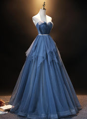 Prom Dress Country, Blue Tulle Sweetheart Simple Pretty Floor Length Party Dress, Blue A-line Evening Dress Prom Dress