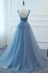Gorgeou Dress, Blue Tulle V-neckline Long Party Dress , Tulle Formal Dress