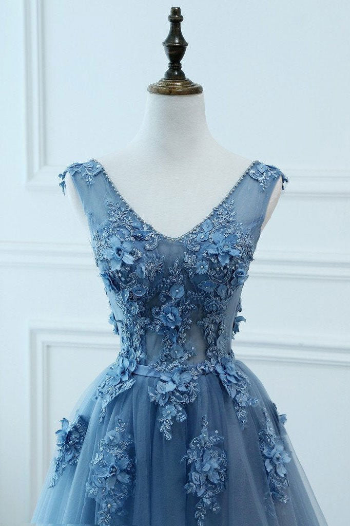Senior Prom Dress, Blue Tulle V-neckline Long Party Dress , Tulle Formal Dress