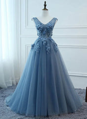 Dress Formal, Blue Tulle V-neckline Long Party Dress , Tulle Formal Dress