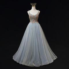 Dinner Dress Classy, Blue Tulle with Flowers Straps Long Evening Dress, Blue Prom Party Dresses