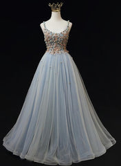 Prom 2024, Blue Tulle with Flowers Straps Long Evening Dress, Blue Prom Party Dresses